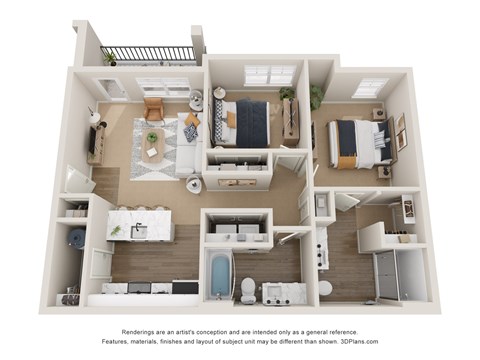 Floor plan for 2 beds, 2 baths, 943 sqft